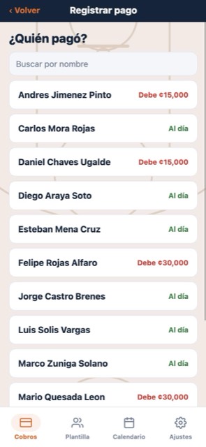 Lista de jugadores al registrar un pago en Hoop